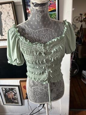 Lavender Moon Sage Green Smocked Puff-Sleeve Crop Top